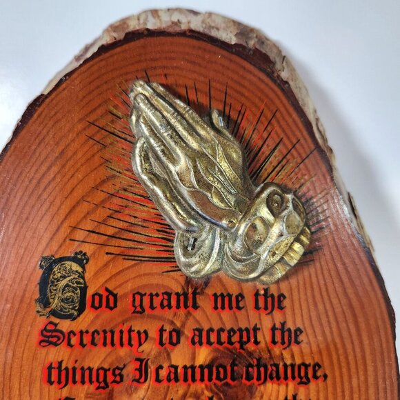 Serenity Prayer Vintage Wood Slab Live Edge Wall Art Praying Hands Hanging - Picture 3 of 10